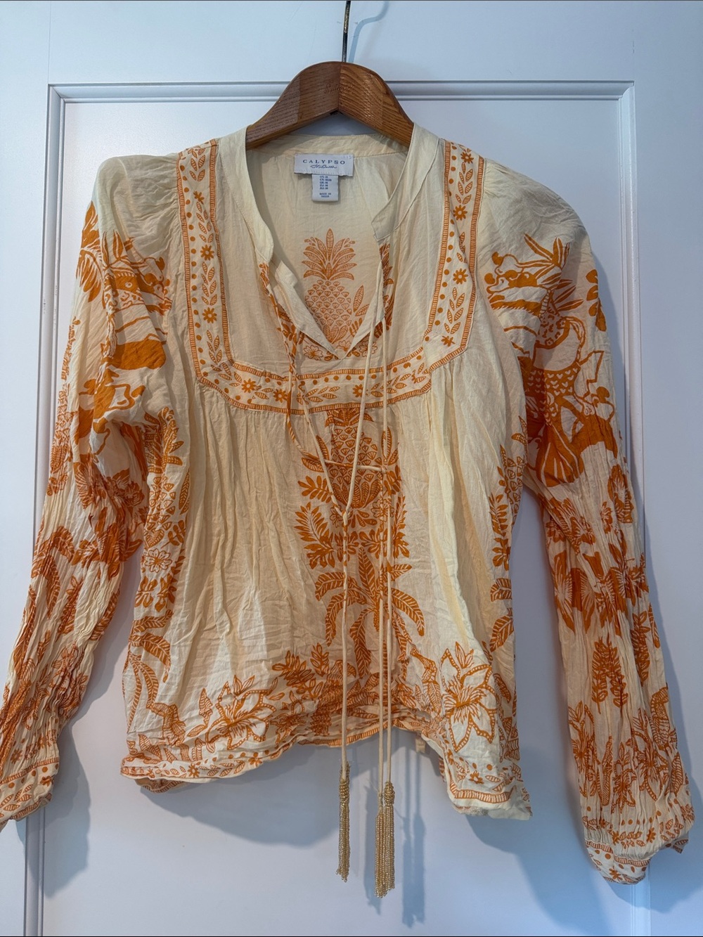 Calypso St. Barth Cream Blouse with Orange Floral Embroidery